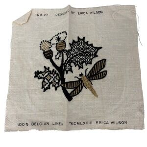 Vintage Erica Wilson 1968 Dragonfly Thistle Belgian Linen Embroidery No 27 Gold